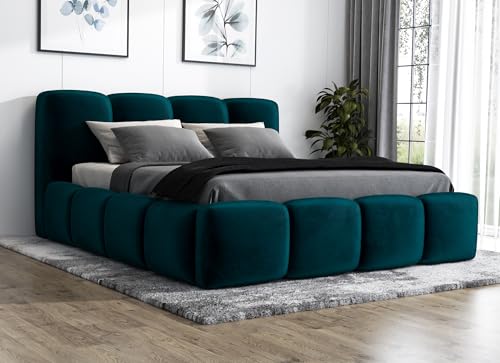A&J MöbelLand Polsterbett 140x200 mit Bettkasten und Lattenrost – DONA, Bett mit Matratze und Stauraum in Grün von A&J MöbelLand