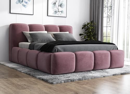 A&J MöbelLand Polsterbett 140x200 mit Bettkasten und Lattenrost – DONA, Bett mit Matratze und Stauraum in Rosa von A&J MöbelLand