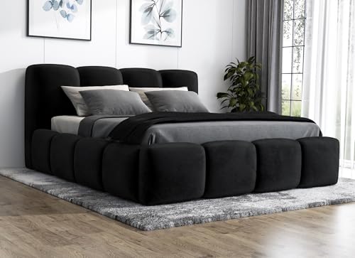 A&J MöbelLand Polsterbett 140x200 mit Bettkasten und Lattenrost – DONA, Bett mit Matratze und Stauraum in Schwarz von A&J MöbelLand