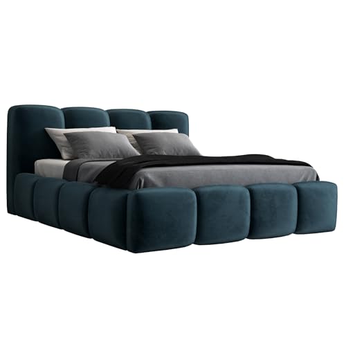A&J MöbelLand Polsterbett 140x200 mit Bettkasten und Lattenrost – DONA-OM, Bett mit Stauraum in Blau ohne Matratze von A&J MöbelLand