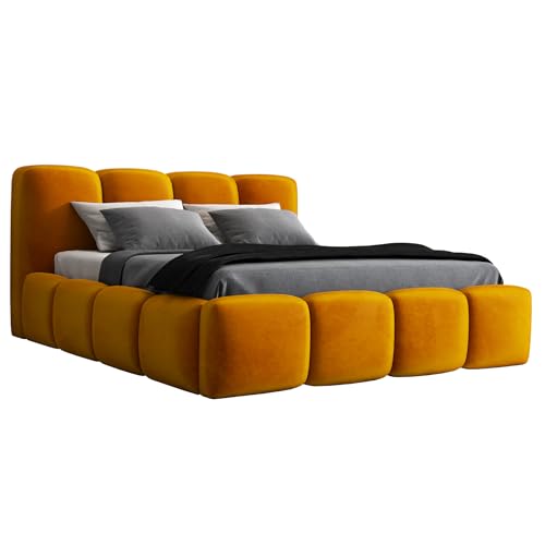 A&J MöbelLand Polsterbett 180x200 mit Bettkasten und Lattenrost – DONA-OM, Bett with Stauraum in Gelb ohne Matratze von A&J MöbelLand
