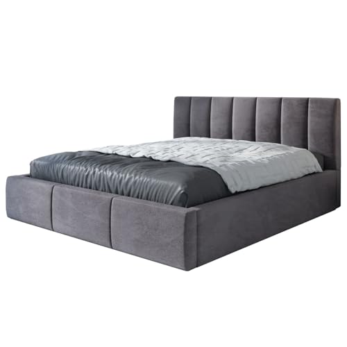 A&J MöbelLand Polsterbett 140x200 mit Bettkasten und Lattenrost – LISI, Bett mit Matratze und Stauraum in Grau von A&J MöbelLand