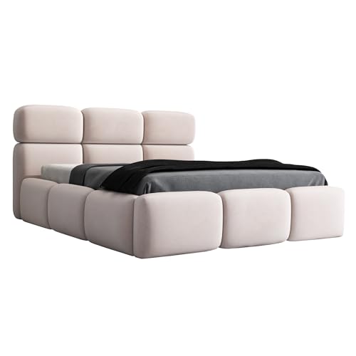 A&J MöbelLand Polsterbett 140x200 mit Bettkasten und Lattenrost – MAROKO-OM, Bett mit Stauraum in Beige ohne Matratze von A&J MöbelLand