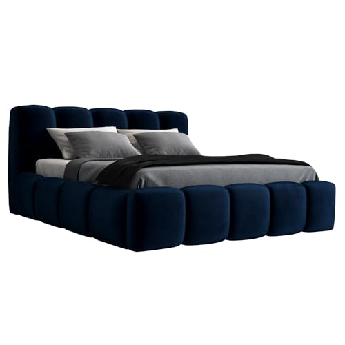 A&J MöbelLand Polsterbett 140x200 mit Bettkasten und Lattenrost – Sonic, Bett mit Matratze und Stauraum in Dunkelblau von A&J MöbelLand