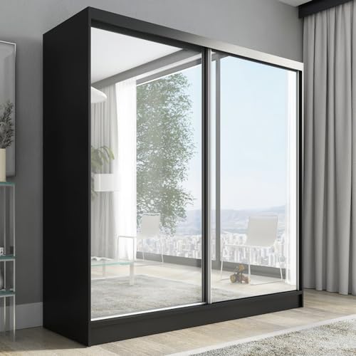 A&J MöbelLand Schwebetürenschrank Ivar Kleiderschrank 200 cm mit Spiegel und Schubladen, moderner Schlafzimmerschrank mit Schiebetüren (Schwarz) von A&J MöbelLand