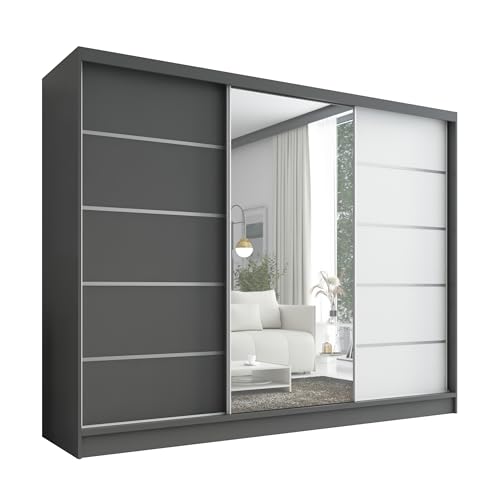 A&J MöbelLand Kleiderschrank Aurelia 1 – Schwebetürenschrank 200 cm breit mit Spiegel, 3-türig, Kleiderschrank mit Schubladen, Schiebetürenschrank für Schlafzimmer oder Garderobe von A&J MöbelLand