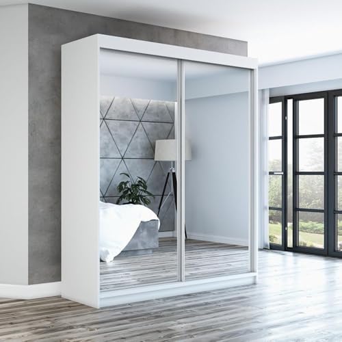 A&J MöbelLand Schwebetürenschrank BAZ Kleiderschrank 2-türig mit Spiegel, Garderobe 180 cm (Weiß) von A&J MöbelLand