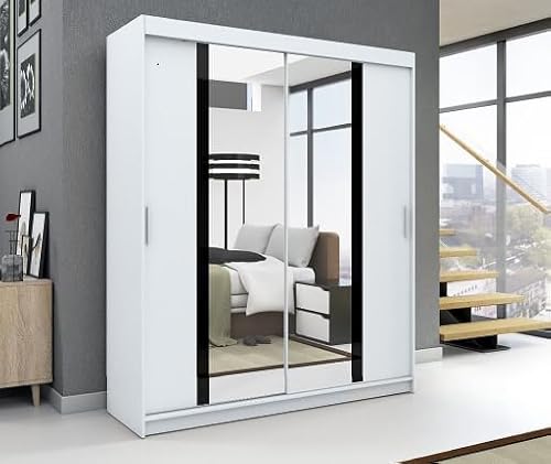 A&J MöbelLand Schwebetürenschrank BRANI Kleiderschrank 2-türig mit Spiegel, Garderobe 180 cm (Weiß) von A&J MöbelLand