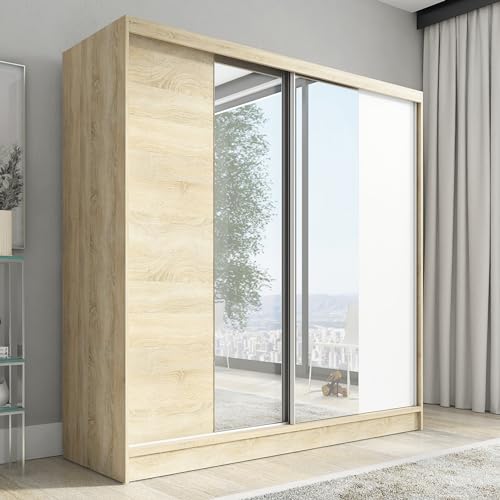 A&J MöbelLand Schwebetürenschrank Duo Kleiderschrank 2-türig mit 3 Schubladen und Spiegel, Garderobe 200 cm (Sonoma) von A&J MöbelLand