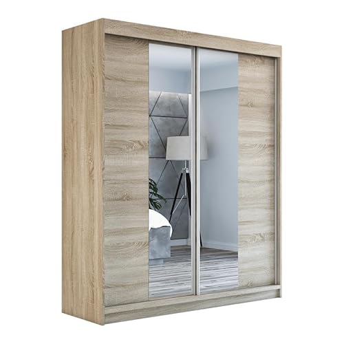 A&J MöbelLand Schwebetürenschrank ELEGANZA Kleiderschrank 2-türig mit Schubladen und Spiegel, Garderobe 180 cm (Sonoma) von A&J MöbelLand