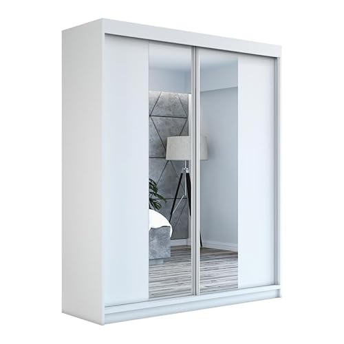 A&J MöbelLand Schwebetürenschrank ELEGANZA Kleiderschrank 2-türig mit Schubladen und Spiegel, Garderobe 180 cm (Weiß) von A&J MöbelLand
