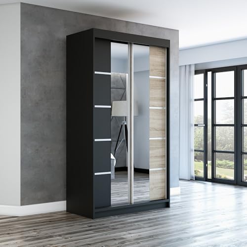 A&J MöbelLand Schwebetürenschrank ERA Kleiderschrank 2-türig mit Spiegel, Garderobe 120 cm (Schwarz/Schwarz/Sonoma) von A&J MöbelLand