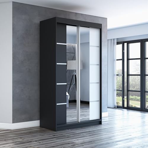 A&J MöbelLand Schwebetürenschrank ERA Kleiderschrank 2-türig mit Spiegel, Garderobe 120 cm (Schwarz/Schwarz/Weiß) von A&J MöbelLand
