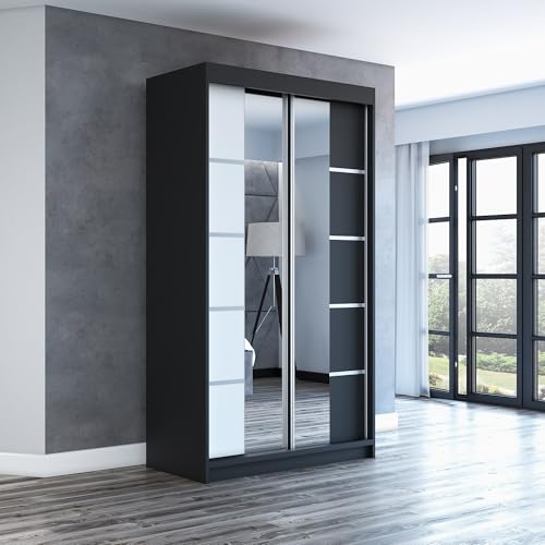 A&J MöbelLand Schwebetürenschrank ERA Kleiderschrank 2-türig mit Spiegel, Garderobe 120 cm (Schwarz/Weiß/Schwarz) von A&J MöbelLand