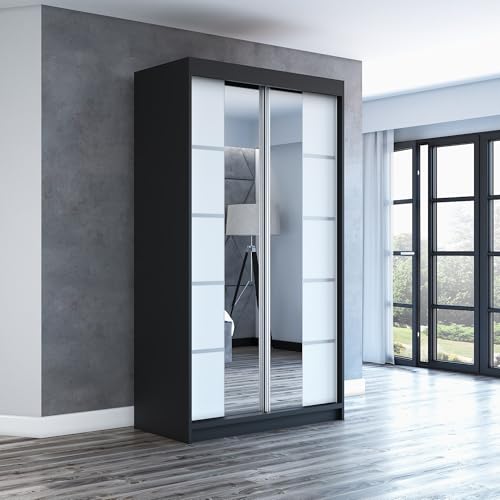 A&J MöbelLand Schwebetürenschrank ERA Kleiderschrank 2-türig mit Spiegel, Garderobe 120 cm (Schwarz/Weiß/Weiß) von A&J MöbelLand