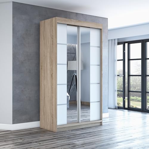 A&J MöbelLand Schwebetürenschrank ERA Kleiderschrank 2-türig mit Spiegel, Garderobe 120 cm (Sonoma/Weiß/Weiß) von A&J MöbelLand
