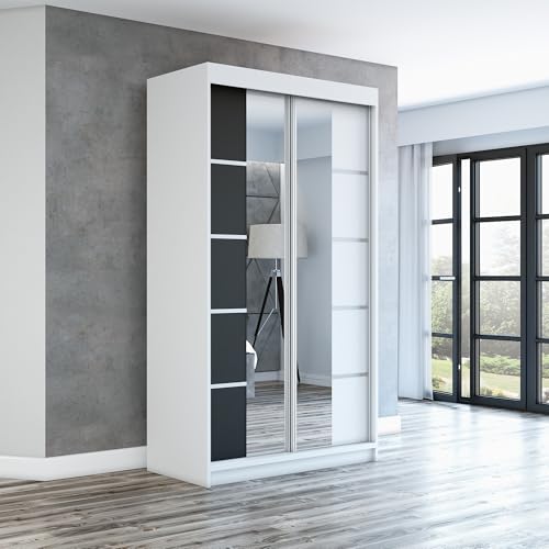 A&J MöbelLand Schwebetürenschrank ERA Kleiderschrank 2-türig mit Spiegel, Garderobe 120 cm (Weiß/Schwarz/Weiß) von A&J MöbelLand