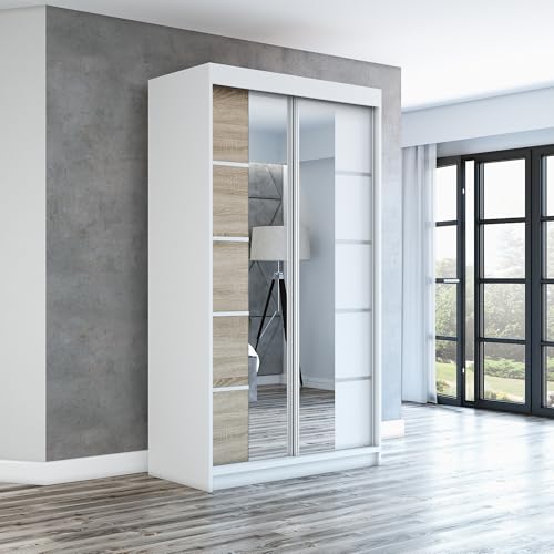 A&J MöbelLand Schwebetürenschrank ERA Kleiderschrank 2-türig mit Spiegel, Garderobe 120 cm (Weiß/Sonoma/Weiß) von A&J MöbelLand