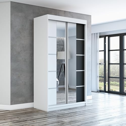 A&J MöbelLand Schwebetürenschrank ERA Kleiderschrank 2-türig mit Spiegel, Garderobe 120 cm (Weiß/Weiß/Schwarz) von A&J MöbelLand