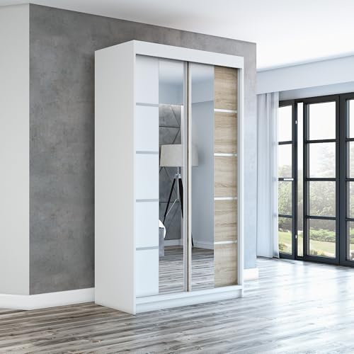 A&J MöbelLand Schwebetürenschrank ERA Kleiderschrank 2-türig mit Spiegel, Garderobe 120 cm (Weiß/Weiß/Sonoma) von A&J MöbelLand