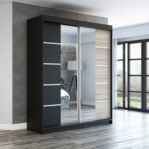 A&J MöbelLand Schwebetürenschrank ERA Kleiderschrank 2-türig mit Spiegel, Garderobe 160 cm (Schwarz/Schwarz/Sonoma) von A&J MöbelLand