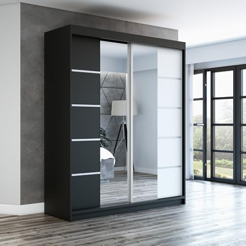 A&J MöbelLand Schwebetürenschrank ERA Kleiderschrank 2-türig mit Spiegel, Garderobe 160 cm (Schwarz/Schwarz/Weiß) von A&J MöbelLand