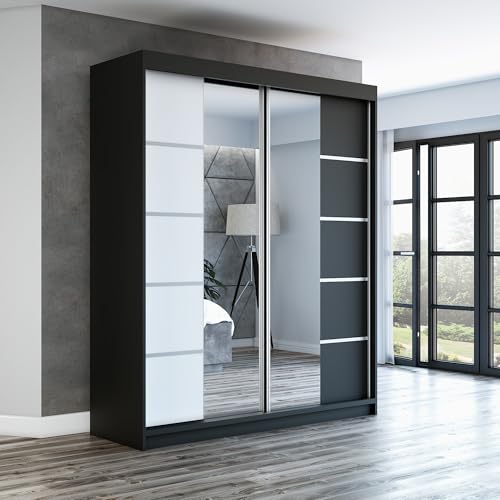 A&J MöbelLand Schwebetürenschrank ERA Kleiderschrank 2-türig mit Spiegel, Garderobe 160 cm (Schwarz/Weiß/Schwarz) von A&J MöbelLand
