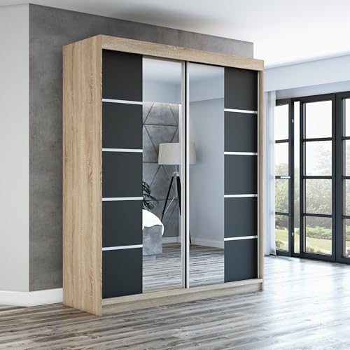 A&J MöbelLand Schwebetürenschrank ERA Kleiderschrank 2-türig mit Spiegel, Garderobe 160 cm (Sonoma/Schwarz/Schwarz) von A&J MöbelLand