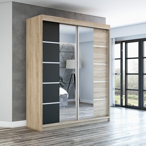 A&J MöbelLand Schwebetürenschrank ERA Kleiderschrank 2-türig mit Spiegel, Garderobe 160 cm (Sonoma/Schwarz/Sonoma) von A&J MöbelLand