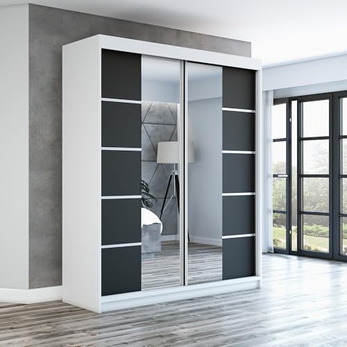 A&J MöbelLand Schwebetürenschrank ERA Kleiderschrank 2-türig mit Spiegel, Garderobe 160 cm (Weiß/Schwarz/Schwarz) von A&J MöbelLand