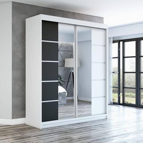 A&J MöbelLand Schwebetürenschrank ERA Kleiderschrank 2-türig mit Spiegel, Garderobe 160 cm (Weiß/Schwarz/Weiß) von A&J MöbelLand