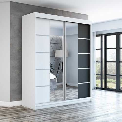 A&J MöbelLand Schwebetürenschrank ERA Kleiderschrank 2-türig mit Spiegel, Garderobe 160 cm (Weiß/Weiß/Schwarz) von A&J MöbelLand