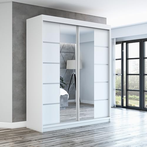 A&J MöbelLand Schwebetürenschrank ERA Kleiderschrank 2-türig mit Spiegel, Garderobe 160 cm (Weiß/Weiß/Weiß) von A&J MöbelLand