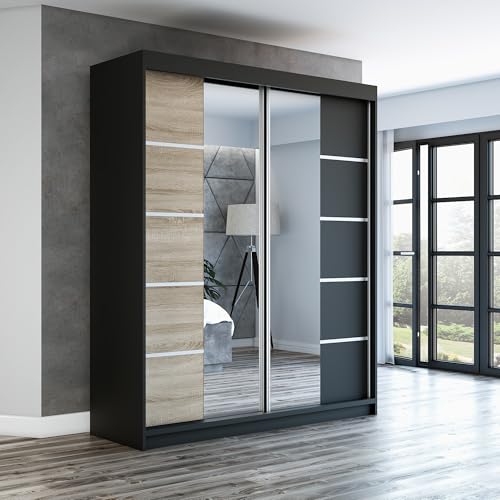 A&J MöbelLand Schwebetürenschrank ERA Kleiderschrank 2-türig mit Spiegel, Garderobe 180 cm (Schwarz/Sonoma/Schwarz) von A&J MöbelLand