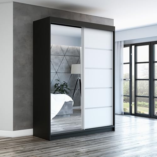 A&J MöbelLand Schwebetürenschrank GAPI Kleiderschrank 2-türig mit Spiegel, Garderobe 160 cm (Schwarz/schwarz/schwarz) von A&J MöbelLand