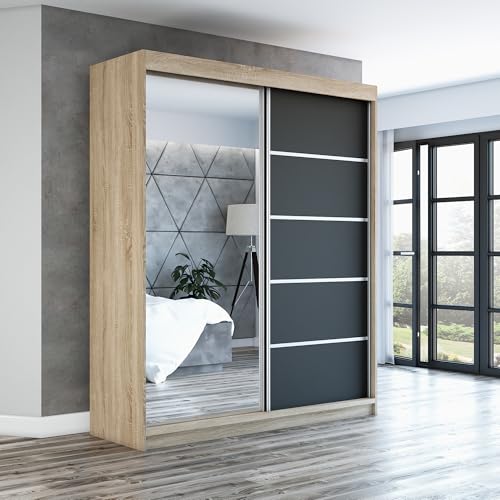 A&J MöbelLand Schwebetürenschrank GAPI Kleiderschrank 2-türig mit Spiegel, Garderobe 180 cm (Sonoma/weiß/weiß) von A&J MöbelLand