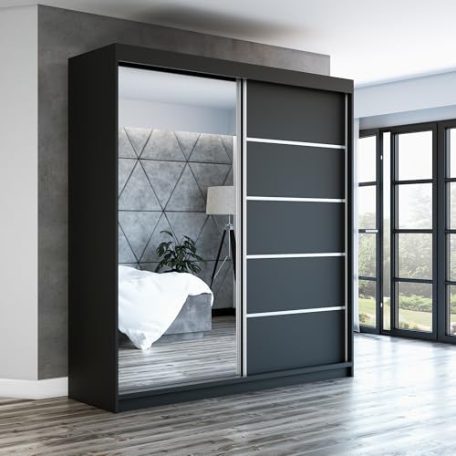 A&J MöbelLand Schwebetürenschrank GAPI Kleiderschrank 2-türig mit Spiegel, Garderobe 180 cm (Weiß/Sonoma/Sonoma) von A&J MöbelLand