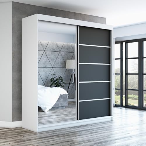 A&J MöbelLand Schwebetürenschrank GAPI Kleiderschrank 2-türig mit Spiegel, Garderobe 180 cm (Weiß/weiß/weiß) von A&J MöbelLand