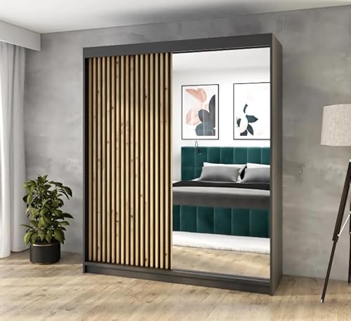 A&J MöbelLand Schwebetürenschrank MIT Kleiderschrank 120 cm mit Spiegel & Holzlamellen (Schwarz) von A&J MöbelLand