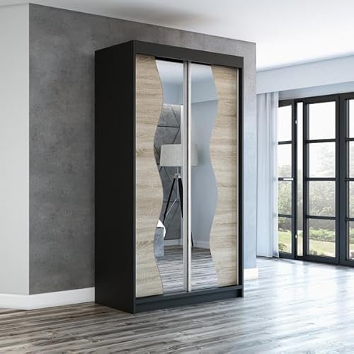 A&J MöbelLand Schwebetürenschrank RIMA 2-türig mit Spiegel, Kleiderschrank 120 cm (Schwarz) von A&J MöbelLand
