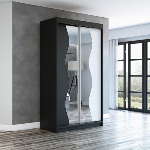 A&J MöbelLand Schwebetürenschrank RIMA 2-türig mit Spiegel, Kleiderschrank 120 cm (Schwarz) von A&J MöbelLand