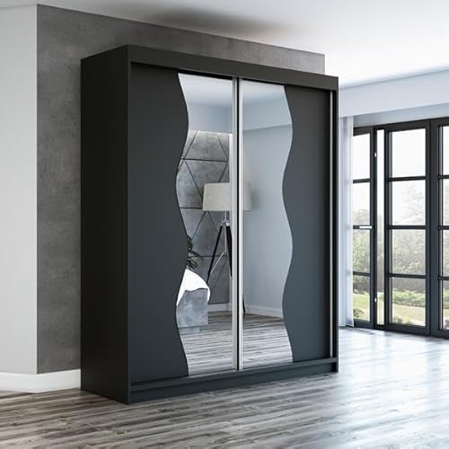A&J MöbelLand Schwebetürenschrank RIMA 2-türig mit Spiegel, Kleiderschrank 160 cm (Schwarz) von A&J MöbelLand