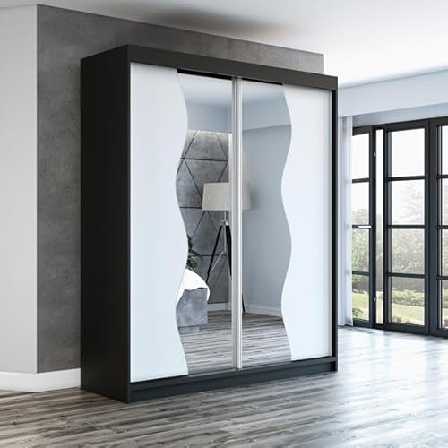 A&J MöbelLand Schwebetürenschrank RIMA 2-türig mit Spiegel, Kleiderschrank 180 cm (Schwarz) von A&J MöbelLand