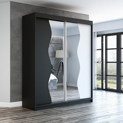 A&J MöbelLand Schwebetürenschrank RIMA 2-türig mit Spiegel, Kleiderschrank 180 cm (Schwarz) von A&J MöbelLand