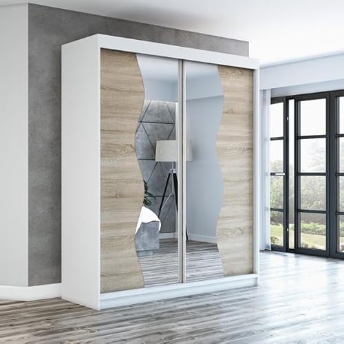 A&J MöbelLand Schwebetürenschrank RIMA 2-türig mit Spiegel, Kleiderschrank 180 cm (Weiß) von A&J MöbelLand