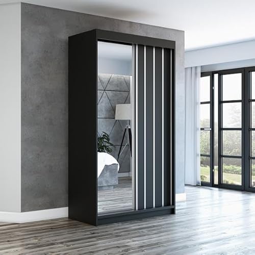 A&J MöbelLand Schwebetürenschrank VIGO 2-türig mit Spiegel, Kleiderschrank 120 cm (Schwarz) von A&J MöbelLand