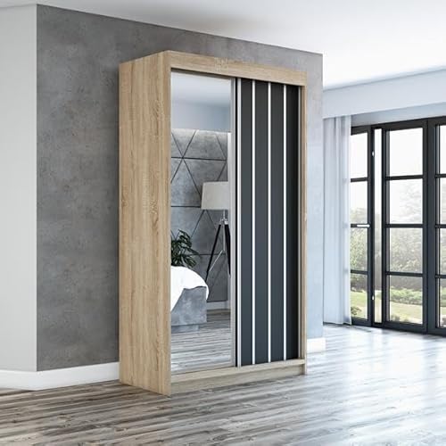 A&J MöbelLand Schwebetürenschrank VIGO 2-türig mit Spiegel, Kleiderschrank 180 cm (Sonoma) von A&J MöbelLand