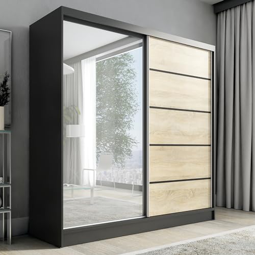 A&J MöbelLand Schwebetürenschrank Nero Kleiderschrank 2-türig mit Schubladen und Spiegel, Garderobe 200 cm (Schwarz/Sonoma) von A&J MöbelLand