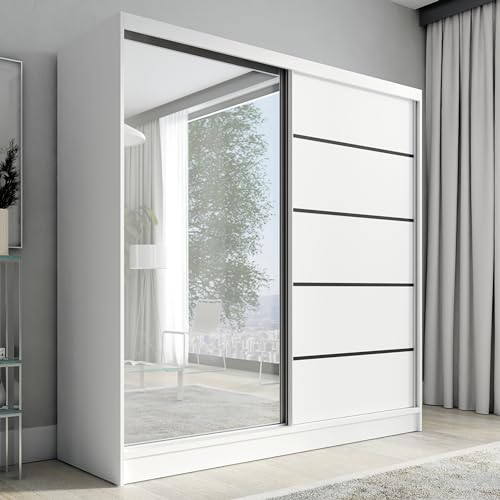 A&J MöbelLand Schwebetürenschrank Nero Kleiderschrank 2-türig mit Schubladen und Spiegel, Garderobe 200 cm (Weiß) von A&J MöbelLand