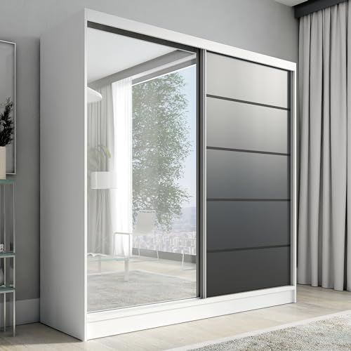 A&J MöbelLand Schwebetürenschrank Nero Kleiderschrank 2-türig mit Schubladen und Spiegel, Garderobe 200 cm (Weiß/schwarz) von A&J MöbelLand